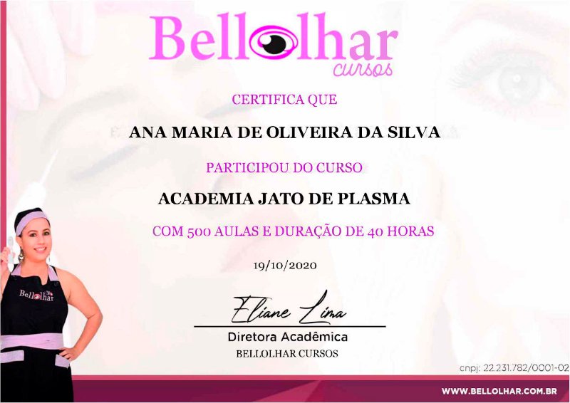 Modelo do certificado de conclusão emitido pela Bellolhar Cursos